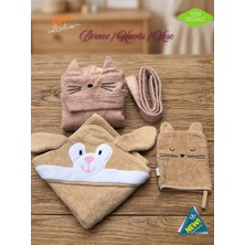 Zera Collection %100 Organik Pamuk Nakışlı Bebek Bornoz Havlu Kese Seti - 3'lü Kombin Banyo Seti