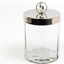 Lamedore Halka Kulplu Optik Cam Küçük Nikel Kavanoz 13,5X13,5X19 cm | Dekoratif Cam Saklama Kavanozu Gümüş Kapaklı
