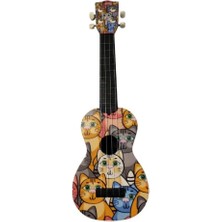 Die Grup Kedi Desenli Soprano Ukulele, Renkli Çizimlerle Dekoratif Müzik Aleti