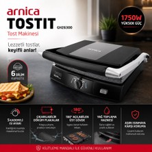 Arnica Tostit GH26300 1000 W Tost Makinesi – Çift Taraflı Çıkarılabilir Döküm Plaka, Inox Gövde, 6 Dilim Kapasite, 5 Isı Ayarı