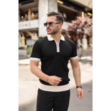 Aymood Erkek Yaka ve Kol Detaylı Fermuar Yakalı Çizgi Desen Kısa Kollu Triko Tişört