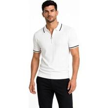 Aymood Erkek Fitilli Triko T-Shirt Polo Yaka Yarım Fermuarlı Kısa Kollu Tişört - Beyaz