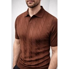 Aymood Erkek Yazlık Triko Dokuma Tişört Kısa Kol Polo Yaka T-Shirt - Kahverengi