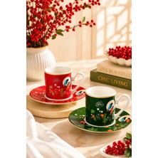 Yzhome 2 Kişilik Porselen Lovelybirds Kırmızı Yeşil Özel Tasarım Kahve Fincan Takımı Seti 90ML