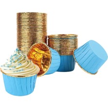 Dolphin 25LI Muffin Kalıbı - Cupcake Kalıpları, Su Geçirmez ve Yağ Geçirmez Pişirme Kağıtları, Ev Veya Parti Için Alüminyum Folyo Pişirme Kek Kapları - Mavi-Altın