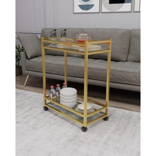 Çok Amaçlı Tekerlekli Sunum Servis Arabası Yan Sehpa Cam Raflı Gold Metal Iskeletli Servant