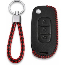 Autohan Keys Renault Megane 4, Clio 5, Captur Için, Deri Anahtar Kılıfı, 3 Butonlu, Siyah-Kırmızı Örgülü, Anahtarlık Dahil