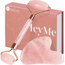 Baımeı Çift Taraflı Cilt Masaj Aleti Rose Quartz Roller &amp; Gua Sha Set Kutusu ve Kesesi ile