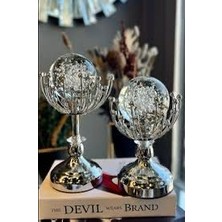 Volix Dizayn 2’li Kristal Cam Küreli Gümüş Ayaklı Ofis Ev Dekorasyonu | Dekoratif Obje | Masa Süsü |