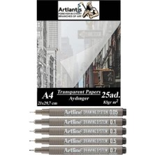 Aydınger Kağıdı A4 83 gr 25'li 1 Paket Eskiz Kağıdı Artline Teknik Çizim Kalemi Drawing Syst