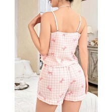 Jhena Pembe Bahar Kadın Pembe Fiyonk Desenli Askılı Şortlu Pijama Takımı Yazlık Ev Giyimi