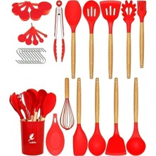 Dayanıklı Yanmaz Yapışmaz 33 Parça Silikon Spatula Mutfak Seti Kırmızı