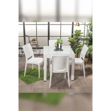 Mobetto Rattan Small Camlı Beyaz Masa Takımı Bahçe&balkon 1 Camlı Masa + 4 Sandalye