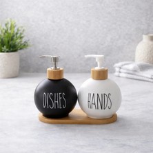 Grand Concept Store 2’li Cam Sıvı Sabunluk Seti – Bambu Tepsili Siyah & Beyaz Mutfak Banyo Sabunluk Modern Dekoratif