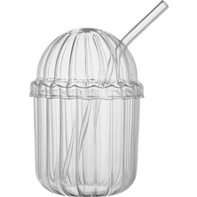 500ML Cam Kapaklı Pipetli Bardak, Kalın Çizgi Desenli Sıcak Soğuk Içecekler Için Kahve Meyve