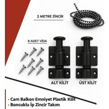 Markalar Cam Balkon Kilidi / Emniyet Plastik Kilit / Boncuklu Ip Zincir Takım Seti / (Siyah)