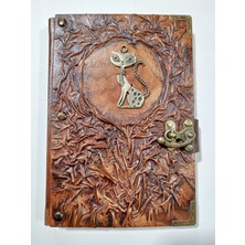 Deri Defter Hakiki Kuzu Derisi, Günlük, Kabartma Tasarım, Antik Kahve, Metal Kilit, Büyük Boy,