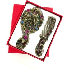 Vintage Metal Ayna ve Tarak Seti, Antik Bronz, Çiçek Desenli, Renkli Taşlı, El Aynası ve Saç T