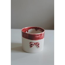El Yapımı Porselen Kupa, Krem Beyaz, Fiyonklu Kalp Desenli, 240 Ml, Seramik, Modern Minimalist, An
