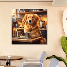 Kare Kanvas Kahve Köşesi Cafe Tablosu Barista Golden Retriever, 70 x 70