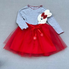Veraura Lifestyle 5-6-7 Yaş Pelüş Tavşan Desenli Kurdela Kuşaklı Astarlı Kız Çocuk Tütü Elbise Kırmızı