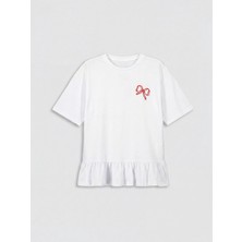 LC Waikiki Lcw Kids Beyaz Fiyonk Baskılı Fırfırlı Kız Çocuk Tişört