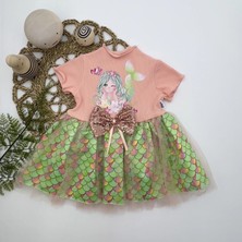 Veraura Lifestyle 1-2-3 Yaş Denizkızı Baskılı Pul Desen Etekli Kız Bebek Elbisesi Pudra