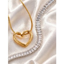 Seyn Accessory 316L Çelik Gold Kalp Kolye ve Zirkon Taşlı Su Yolu Bileklik 2'li Kadın Takı Kombin Set