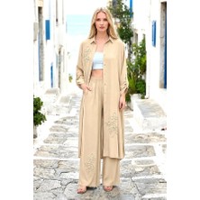 Veraura Lifestyle Bej Çiçek Nakışlı Gömlek Elbise Pantolon Takım