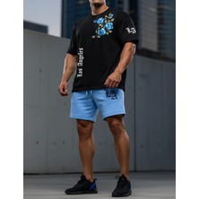 Nigrum Pardus Nıgrum Pardus Blue Rose Baskılı %100 Pamuk Büyük Beden Özel Seri Erkek Bermuda Şort Takım