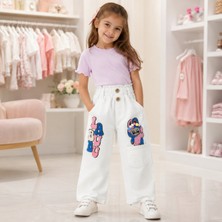 Tace Kids Kız Çocuk Beyaz Karakter Aplikeli Bol Paça Pantolon 2-5 Yaş