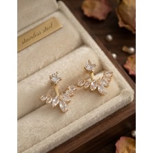 Stainless Steel Pirinç Gold Renk Zirkon Taşlı V Model Küpe