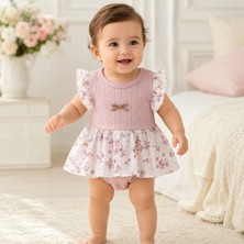 Tace Kids Kız Bebek Çıtçıtlı Body Çiçekli Fırfırlı Pudra Pembe Elbise Görünümlü