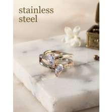 Stainless Steel Pirinç Gold Renk Zirkon Taşlı Damla Earcuff Küpe