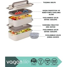 Bento 2000ML Lunchbox 2 Katlı 3 Bölmeli Mini Kaseli Çelik Sefer Tası Yemek Kutusu (Beyaz)
