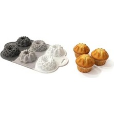 6 Bölmeli Silikon Muffin ve Mini Kek Kalıbı - 3 Farklı Estetik Geometrik Desen, Yapışmaz ve Esnek Pişirme Seti, Modern Degrade Tasarım (Gri-Beyaz-Antrasit)