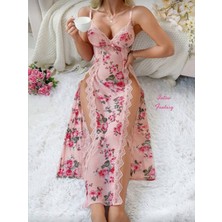 Intive Lingerie Intive Cutie Iki Yanı Derin Yırtmaç Detaylı Pembe Transparan Dantel Detaylı Feminen Maksi Gecelik