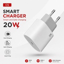 Tastech C5 Smart Charger 20W Hızlı Şarj Destekli Type C Girişli Şarj Adaptörü Fast Charging Smart Chip Safe Charging Adaptör Başlık
