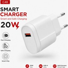 Tastech C48 Smart Charger 20W USB Girişli Hızlı Şarj Adaptörü Fast Charging Smart Chip Safe Charging Adaptör Başlık