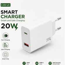 Tastech C49-UC Smart Charger 20W USB ve Type C Girişli Hızlı Şarj Destekli Şarj Adaptörü Fast Charging Smart Chip Safe Charging Adaptör Başlık