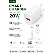 Tastech C48M Smart Charger 20W USB To Mikro USB Kablolu Hızlı Şarj Aleti Fast Charging Smart Chip Safe Charging USB Adaptör ve Mikro USB Şarj Kablosu