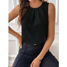 Defy Moda Kadın Sıfır Kollu Bisiklet Yaka Önden Pileli Atlas Bluz