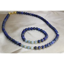 Ilgın Doğal Taş Takı Lapis Lazuli - Akuamarin Kolye Bileklik Set - Altın Kaplama Detaylı