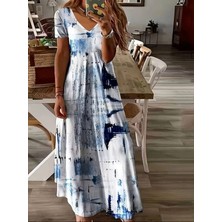 Defy Moda Kadın Kısa Kollu V Yakalı Desenli Uzun Süprem Elbise