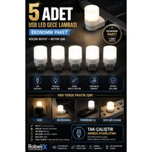 Rabelix 5 Adet Tak Çalıştır Mini USB LED Gece Lambası Beyaz Işık Taşınabilir USB Gece Işığı Laptop Powerbank Adaptör Uyumlu