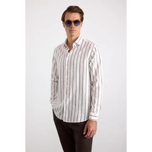 Süvari Koyu Bordo Regular Klasik Yaka Dikey Çizgili Armürlü Cepsiz Düğmeli Uzun Kollu Casual Gömlek