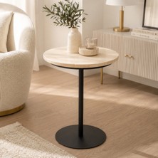 Zekmar Home Stone Doğal Traverten Yuvarlak Yan Sehpa – Siyah Metal Ayak | Modern Traverten Yan Sehpa