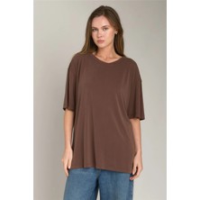 Lovely Things Arıana Yırtmaçlı Tişört Oversıze Üst Giyim Pijama Üstü - Acı Kahve