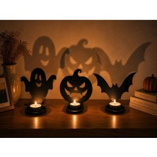 Arlia Design Halloween Ahşap Mumluk Seti / Hayalet, Balkabağı ve Yarasa Dekoratif Tealight Mumluk 13X 15 cm 3 mm Siyah Mdf