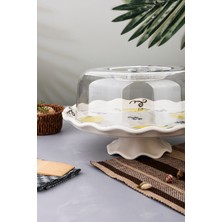 Empressco Limon Desenli Seramik Ayaklı Kek Fanusu, Kapaklı, 32X26CM